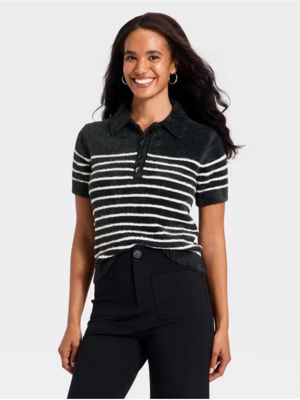 A new day Black and White Striped Short Sleeve Polo Sweater